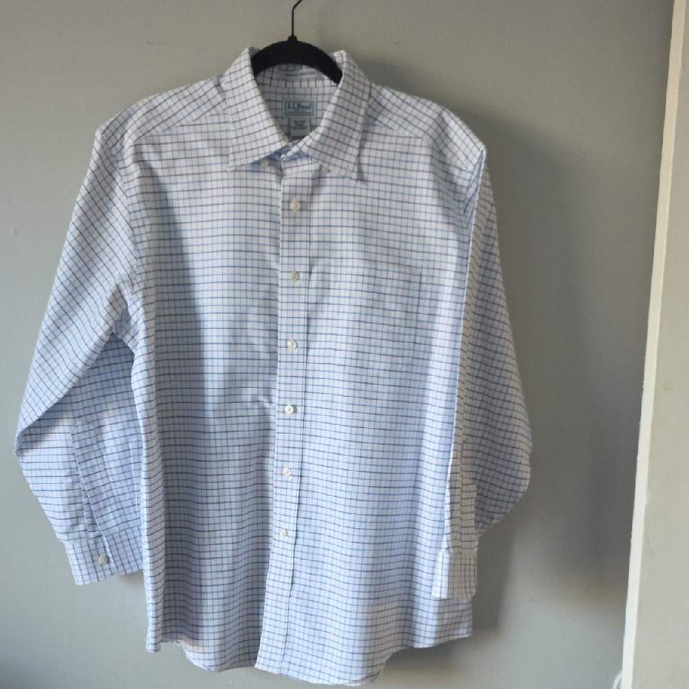 L.L. Bean Men's Cotton Blue & White Checkered Long Sleeve Button Down Shirt 16.5